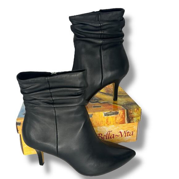 NEW Bella Vita Black Boots Size 7 Slouch Pointy Toe High Heel Booties Leather - Picture 1 of 7